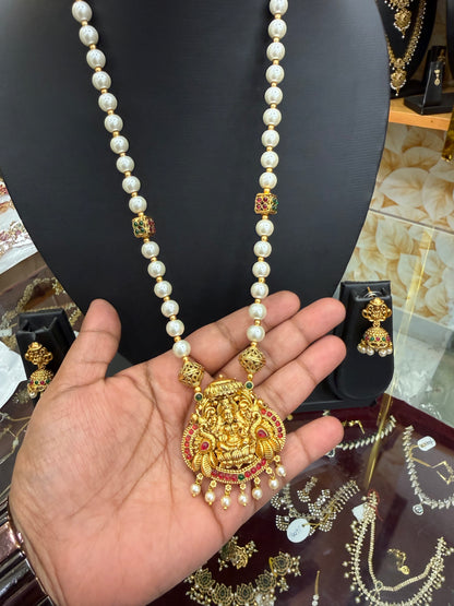 White Pearl Mala with Lakshmi pendant