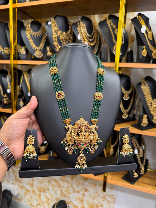 Matte finish green beads Peacock & Lakshmi pendant haram