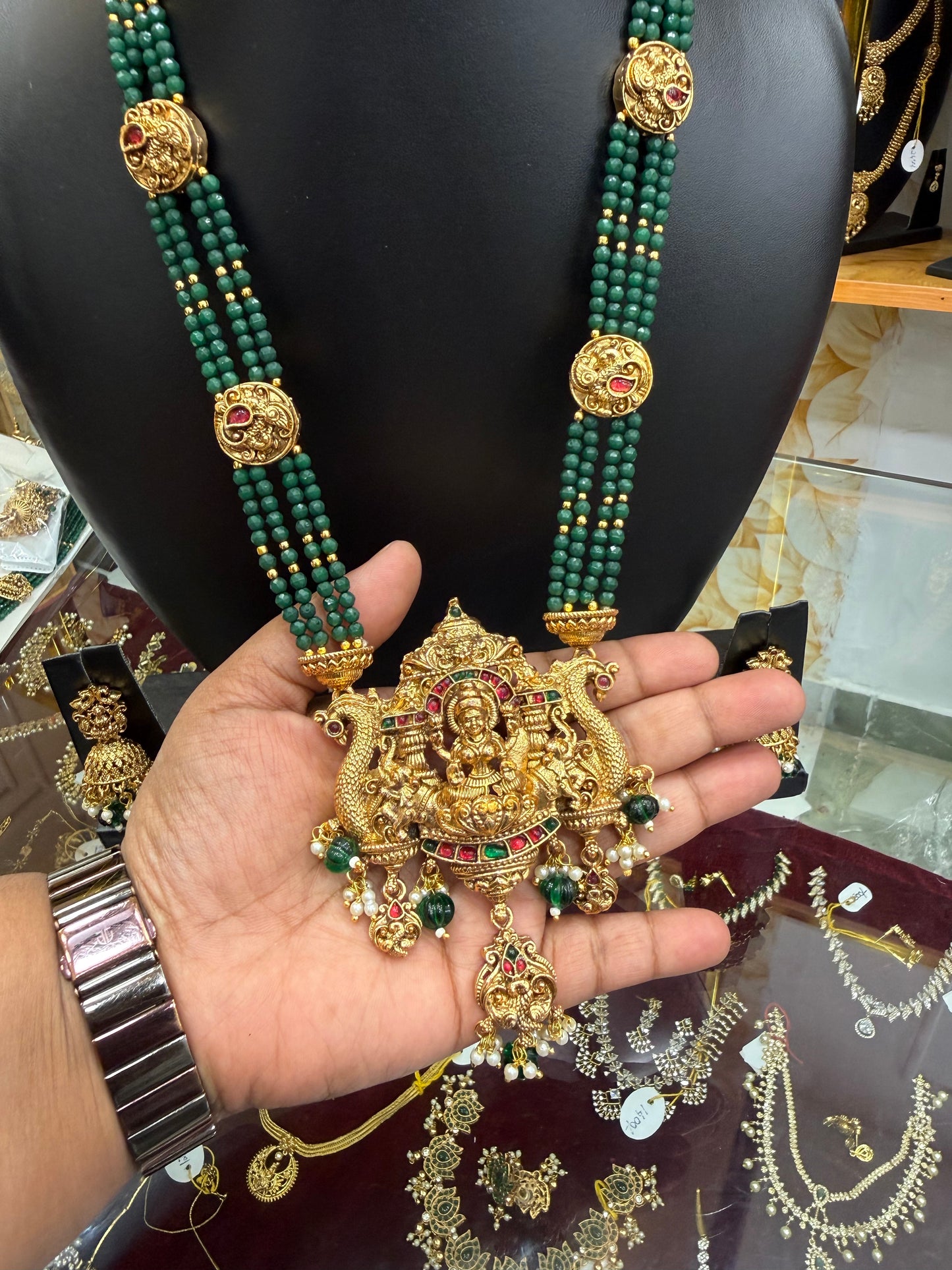 Matte finish green beads Peacock & Lakshmi pendant haram