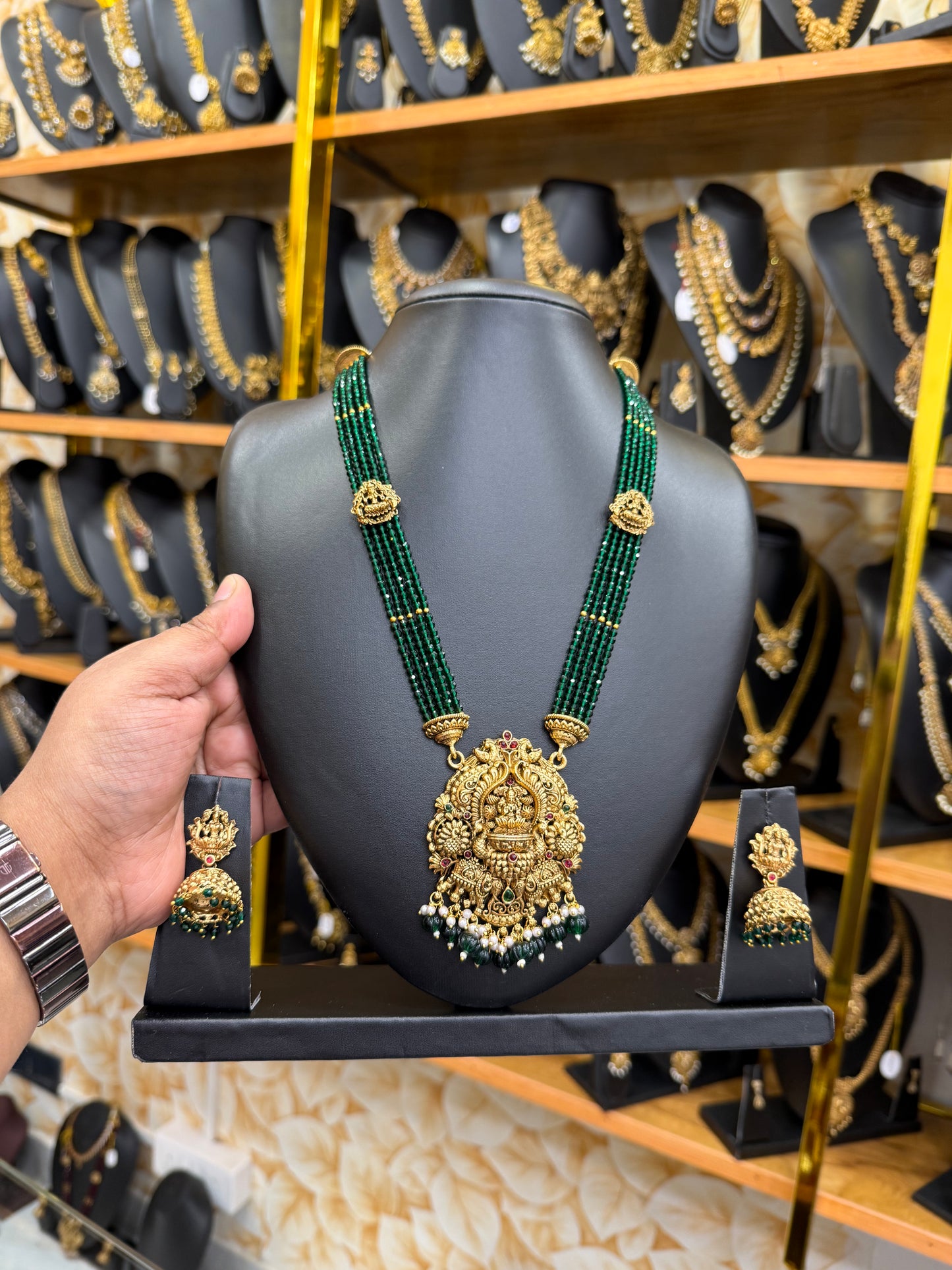 Classy Lakshmi pendant with green beads haram