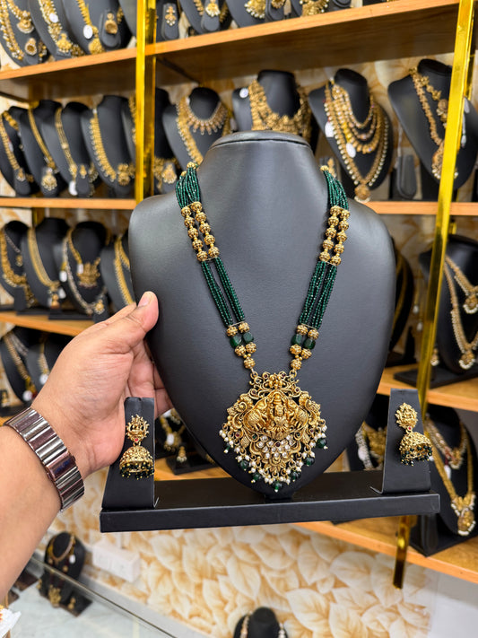 3D Gajalakshmi green beads mala with Kundan stones