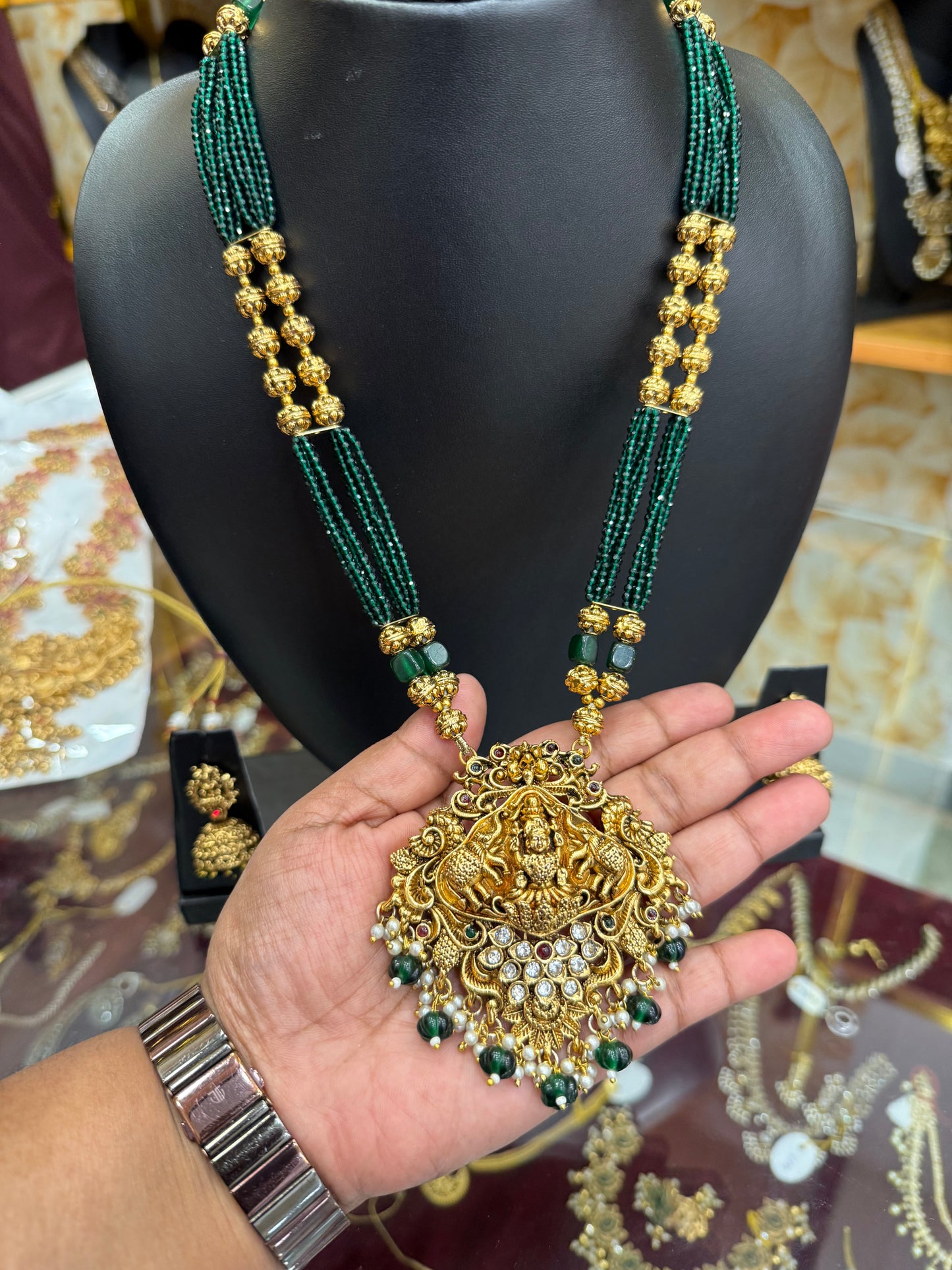 3D Gajalakshmi green beads mala with Kundan stones