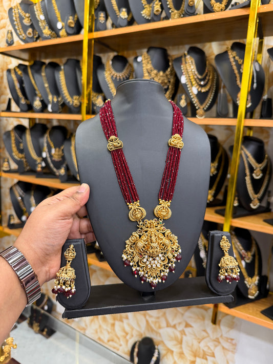 3D Gajalakshmi Red beads mala with Kundan stones