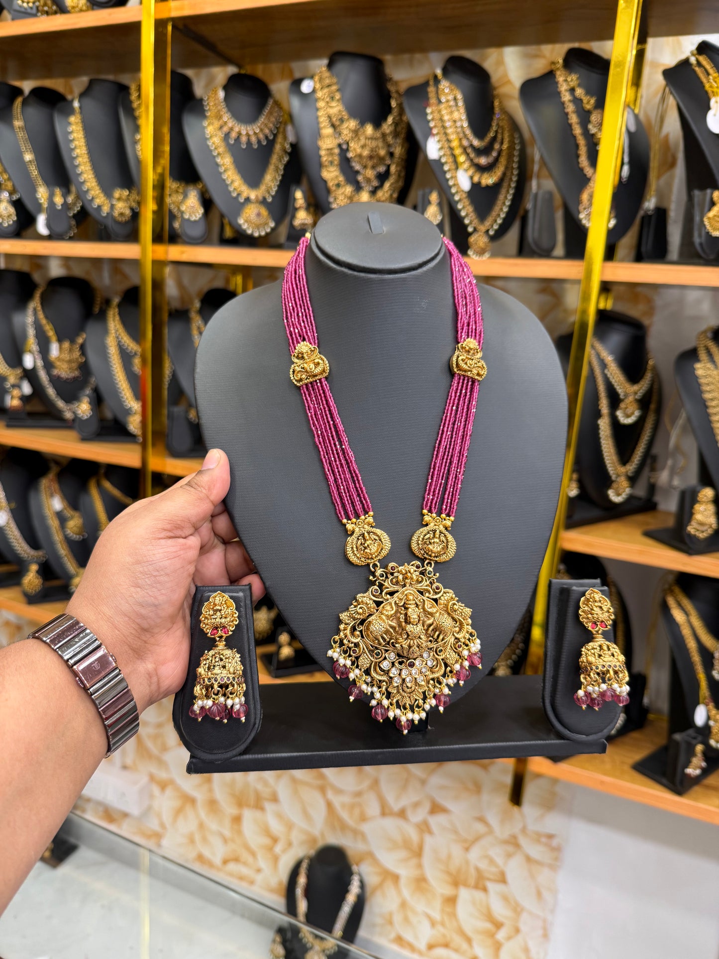 3D Gajalakshmi Onion Pink beads mala with Kundan stones