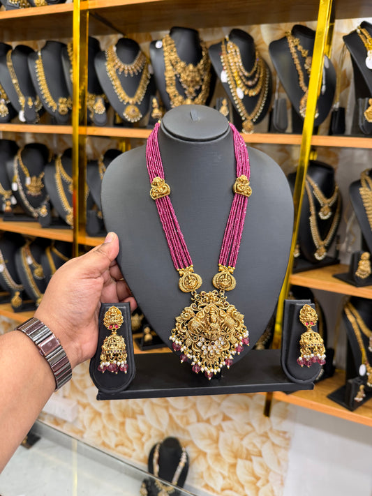 3D Gajalakshmi Onion Pink beads mala with Kundan stones