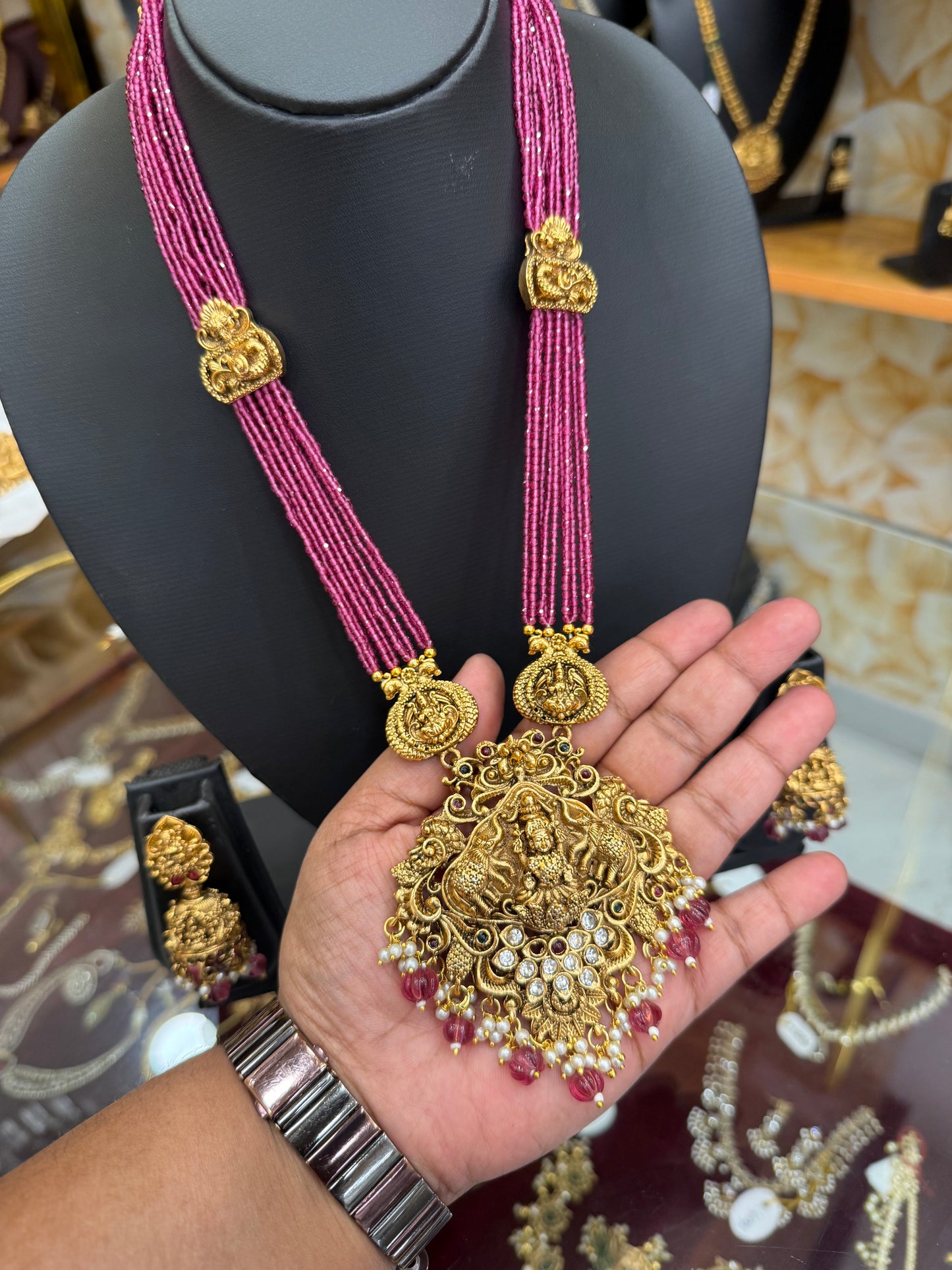 3D Gajalakshmi Onion Pink beads mala with Kundan stones