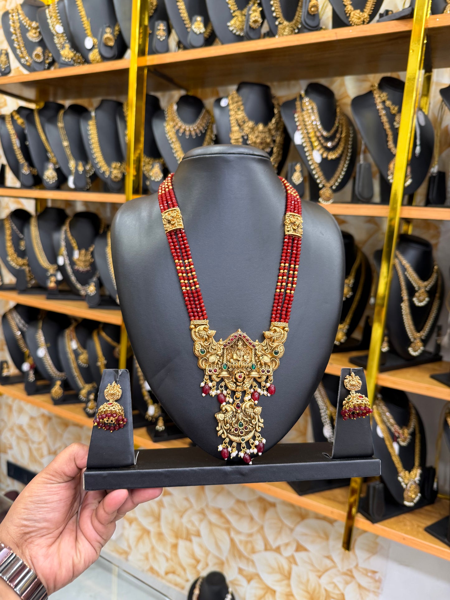 Trendy Red beads with Peacock pendant