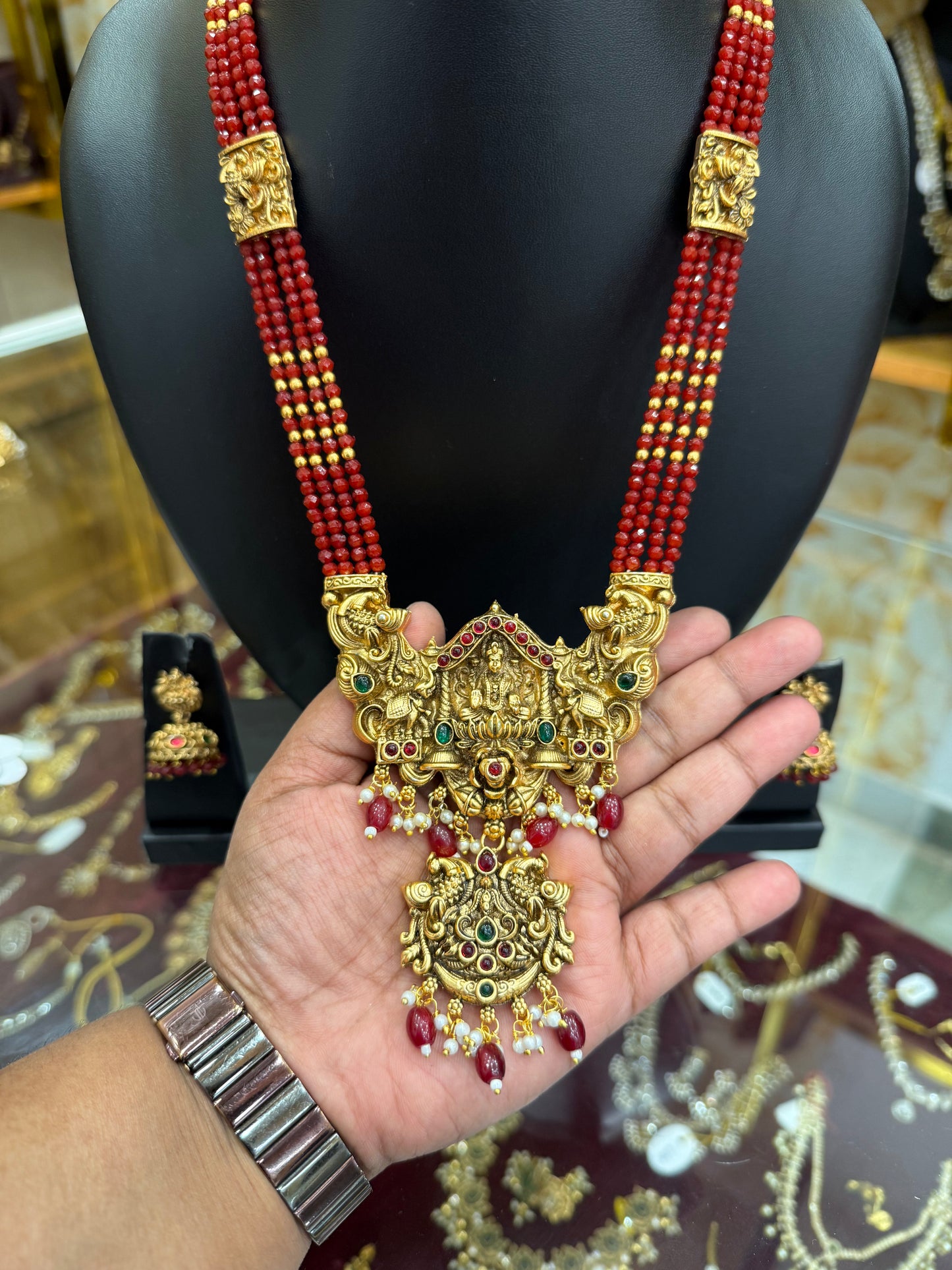 Trendy Red beads with Peacock pendant