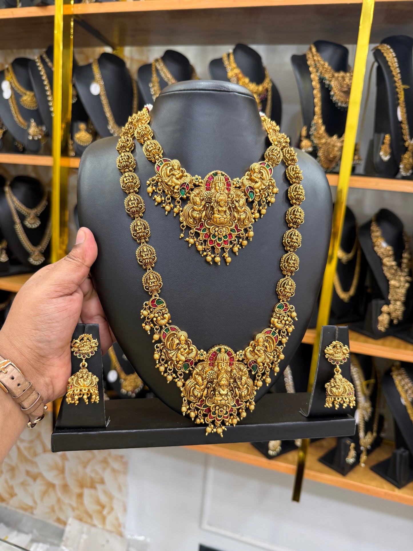 Traditional 3D Lakshmi Red & Green stone Combo set
