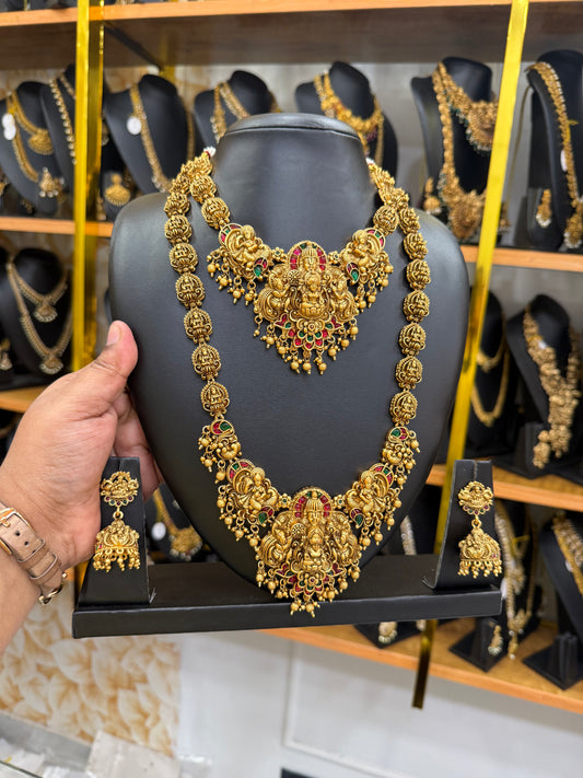 Traditional 3D Lakshmi Red & Green stone Combo set