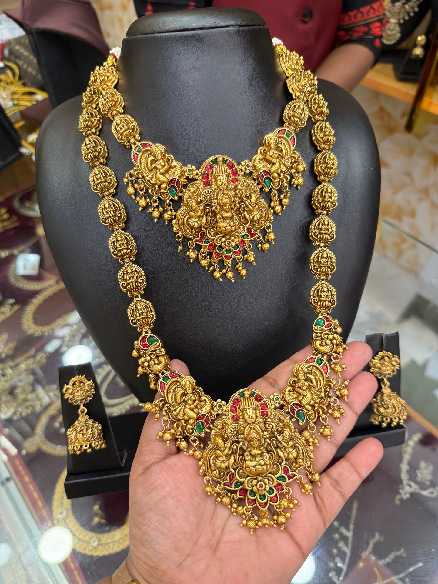 Traditional 3D Lakshmi Red & Green stone Combo set