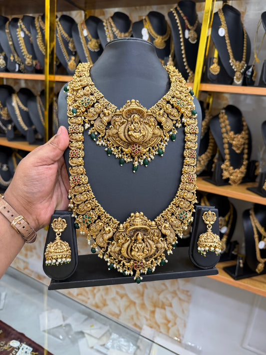 3D Peacock & Lakshmi bridal combo set with green beads