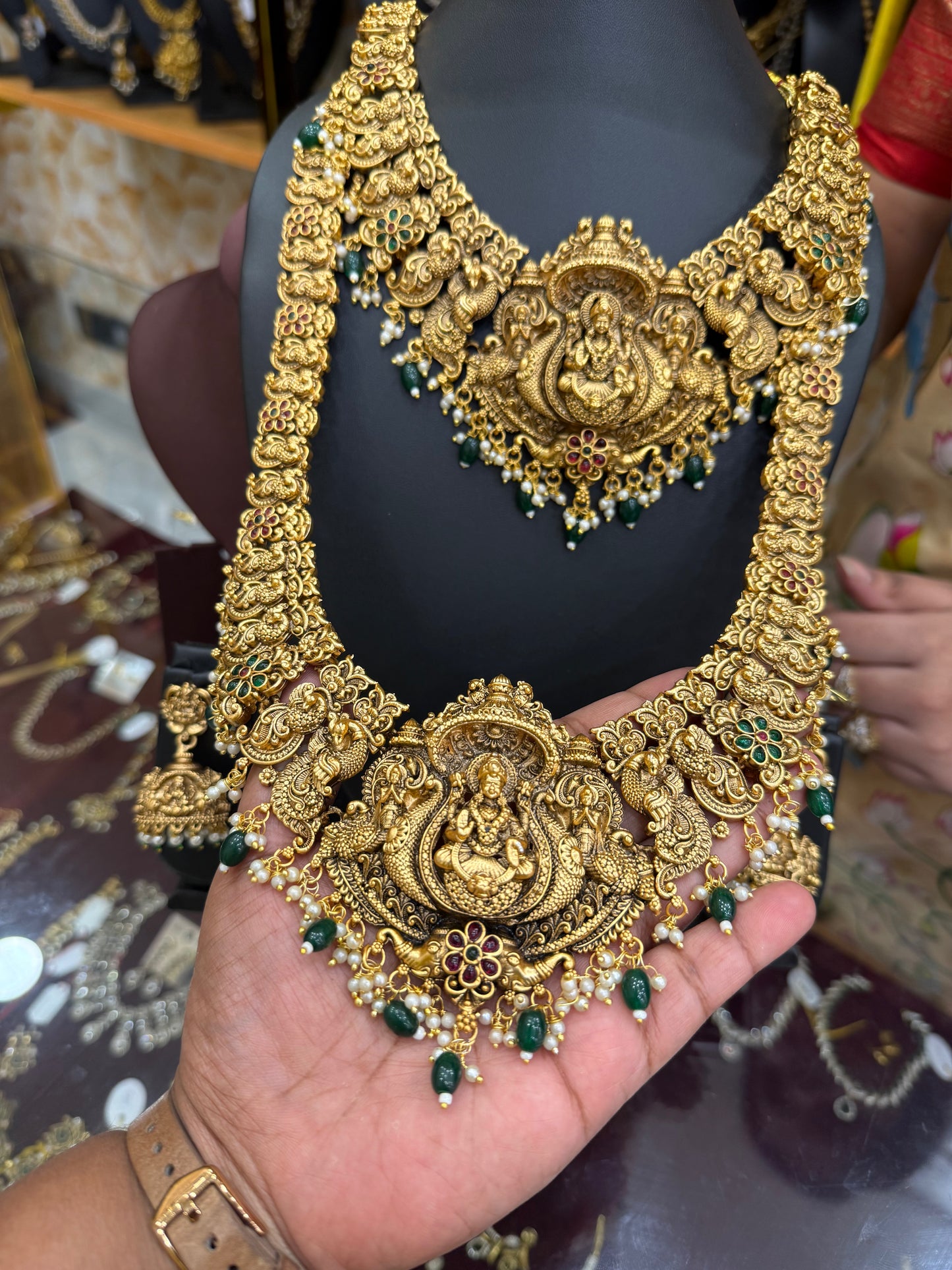 3D Peacock & Lakshmi bridal combo set with green beads