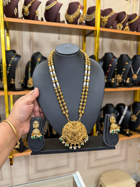 White beads & Golden Muthu mala with 3D Lakshmi pendant