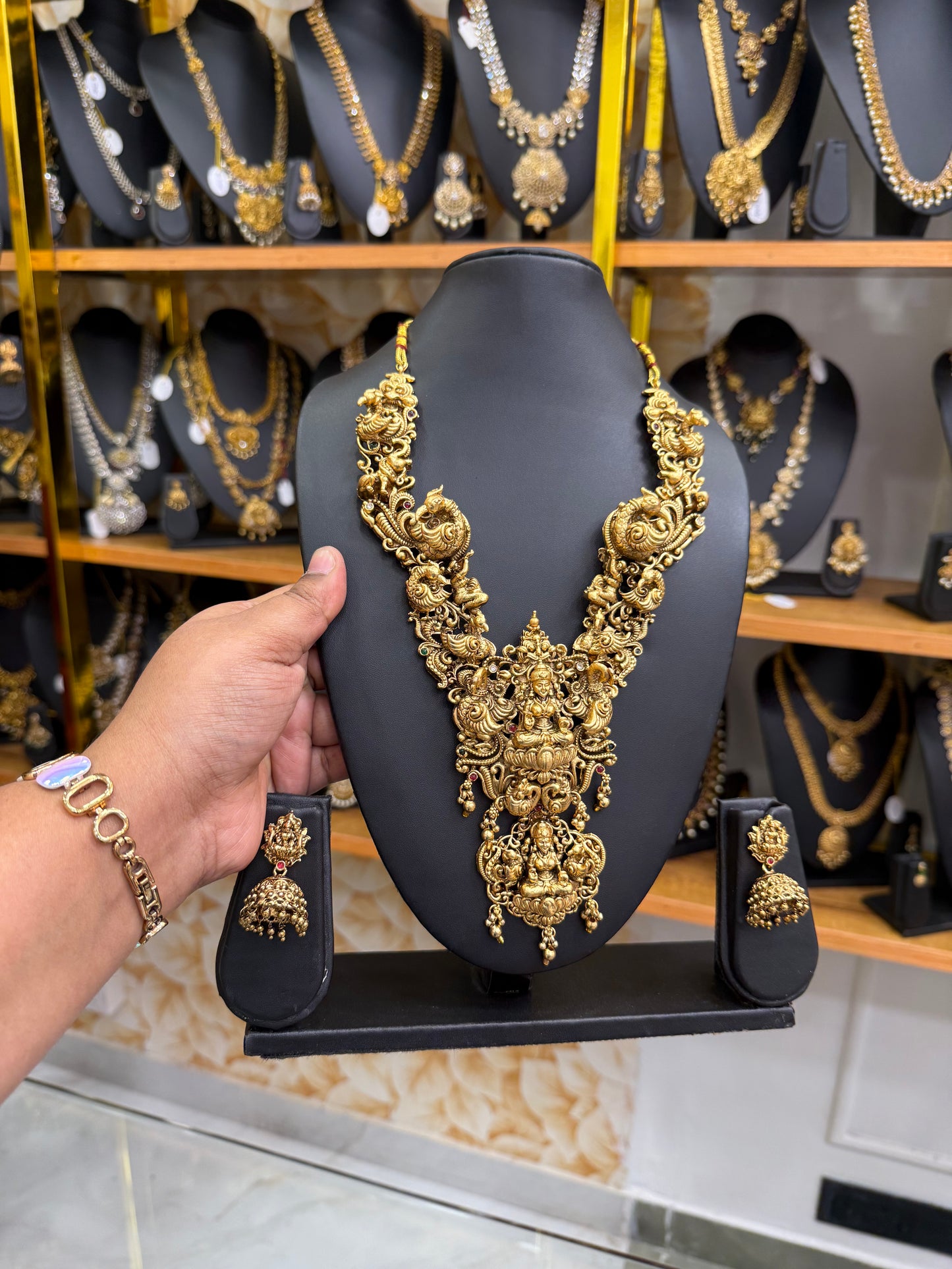 3D antique Lakshmi with peacock work haram