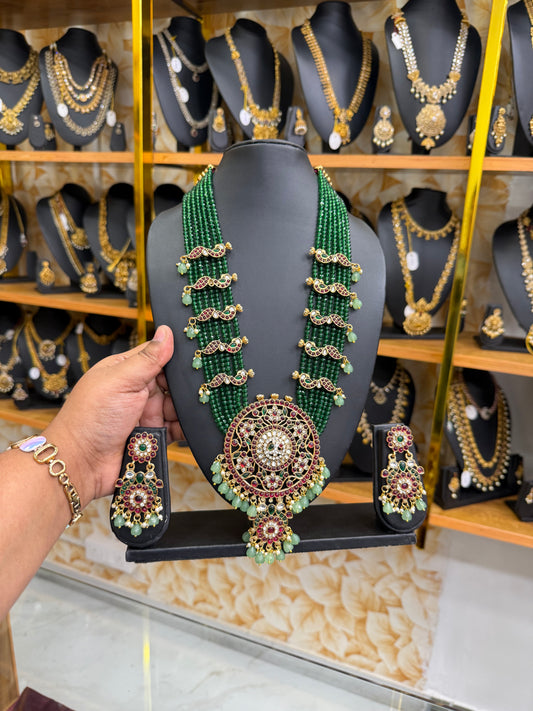 Crystal Jadau Kundan green beads haram