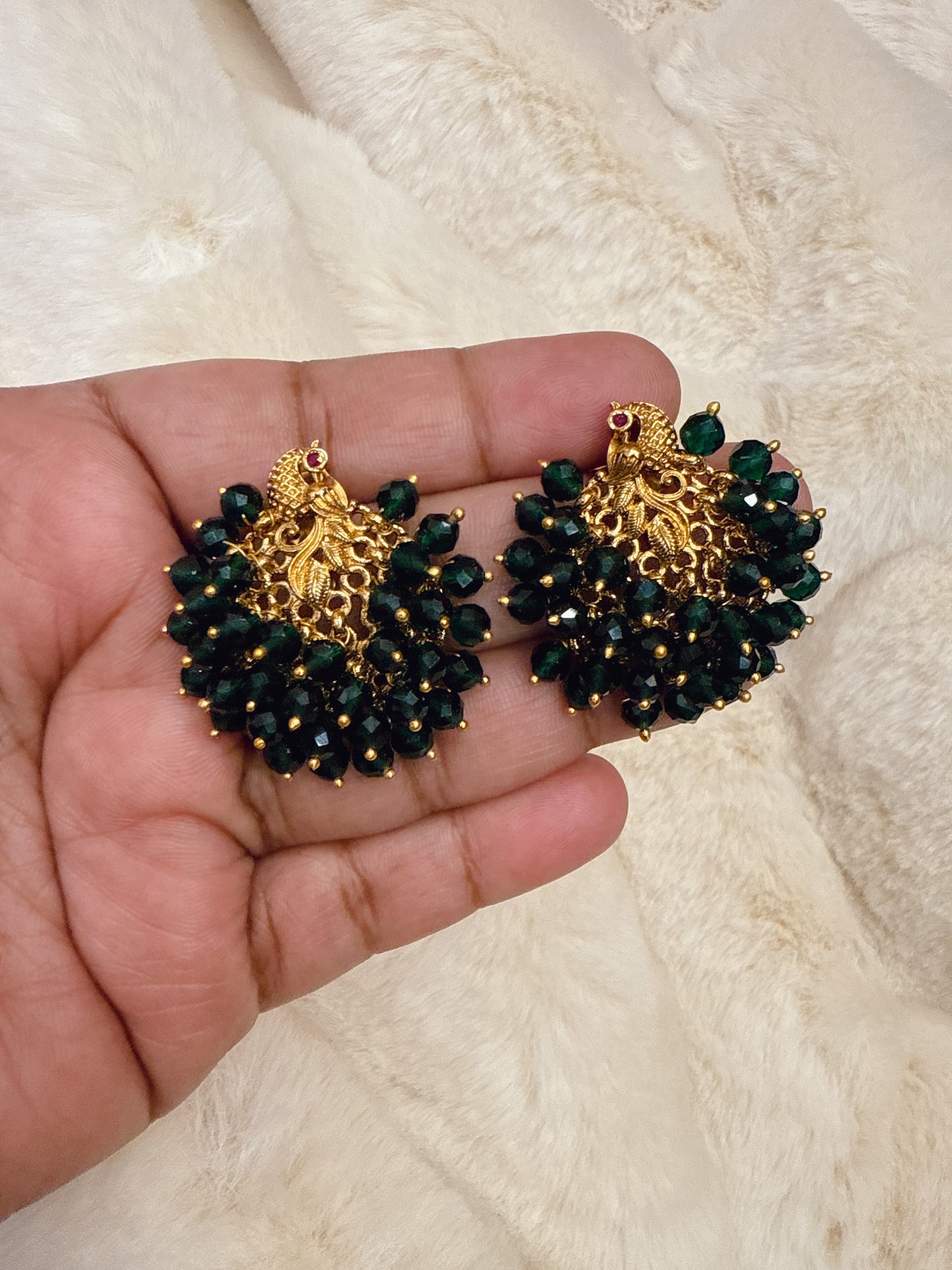 Peacock stud with Bottle green Crystal beads