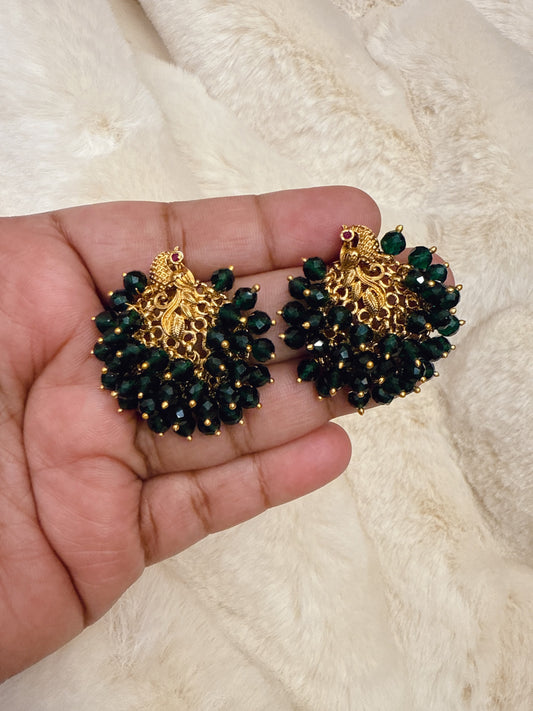 Peacock stud with Bottle green Crystal beads