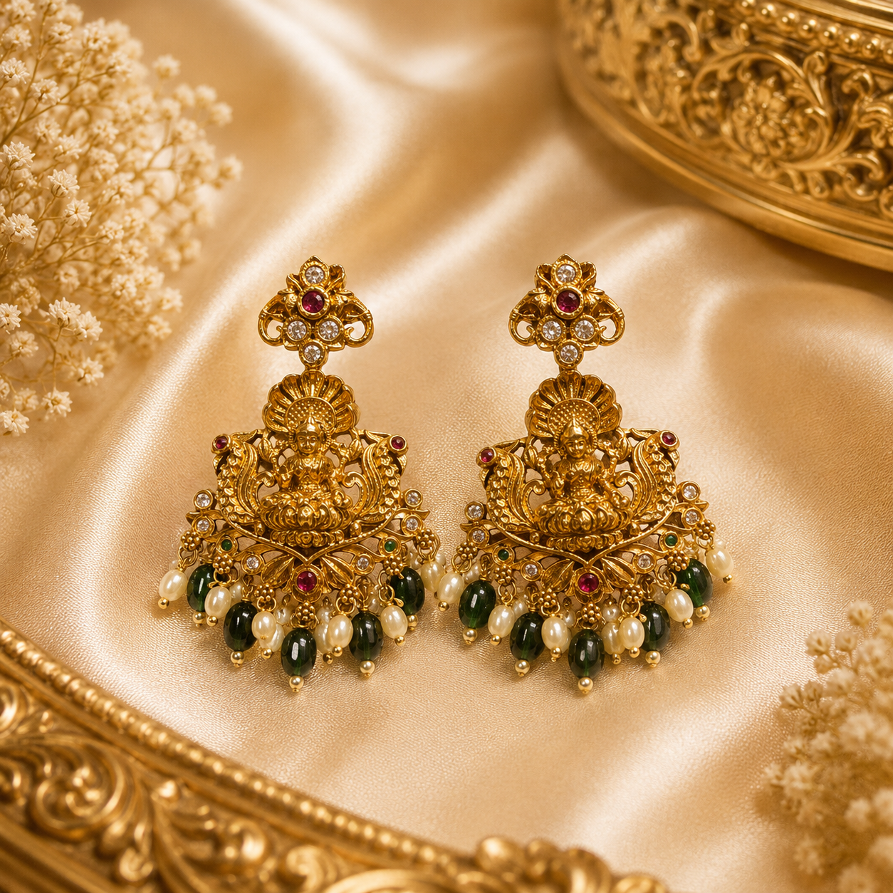 Lakshmi Classic Floral Green Beads Stud