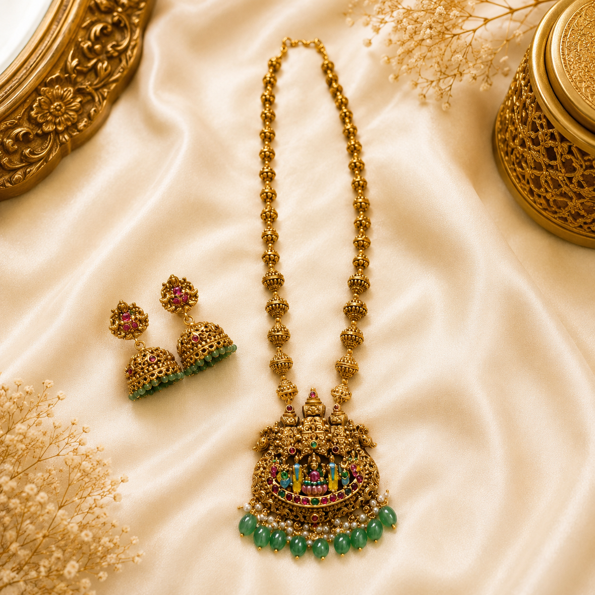 Lakshmi Vaibhav Enamel Muthu Mala With Pastel Green Beads