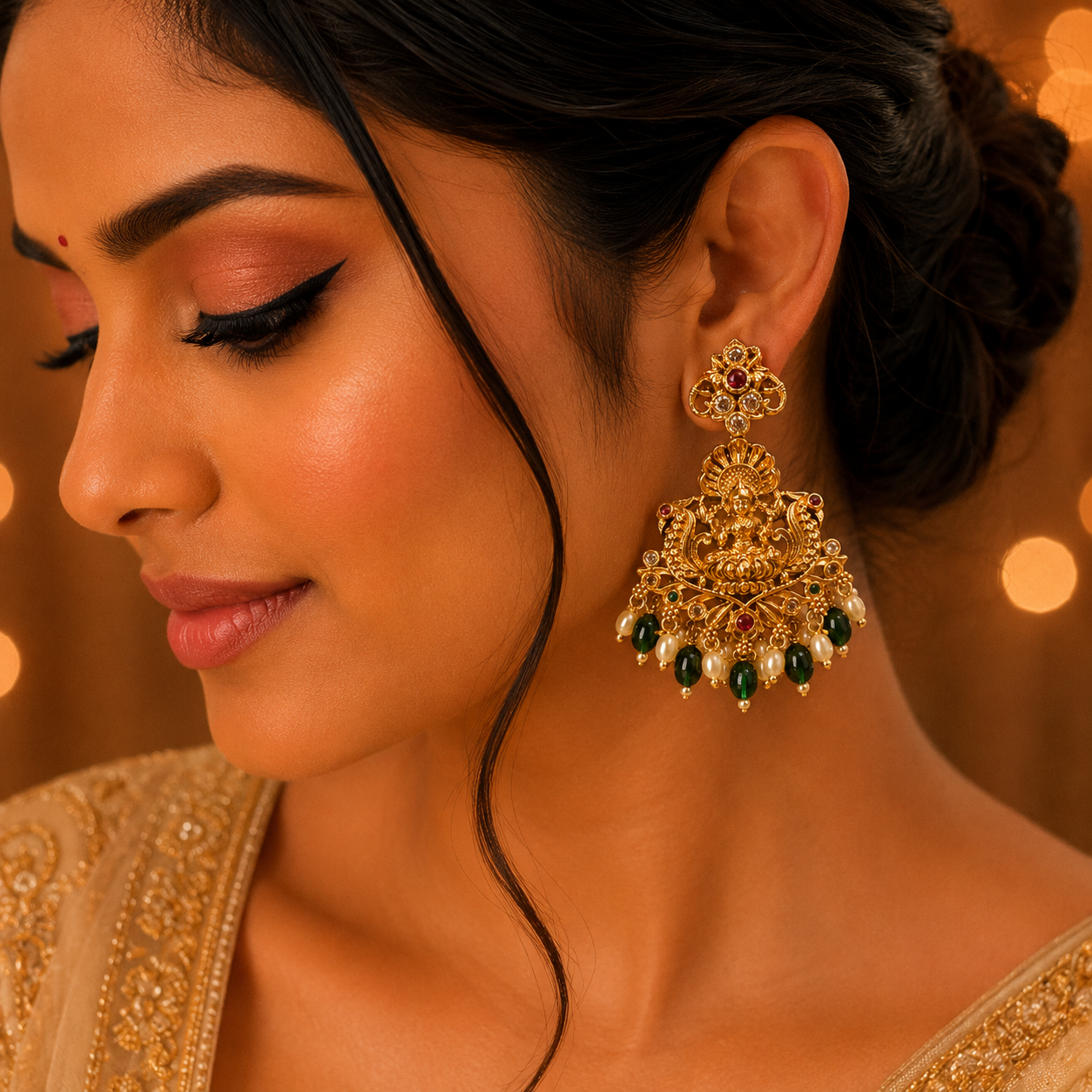 Lakshmi Classic Floral Green Beads Stud
