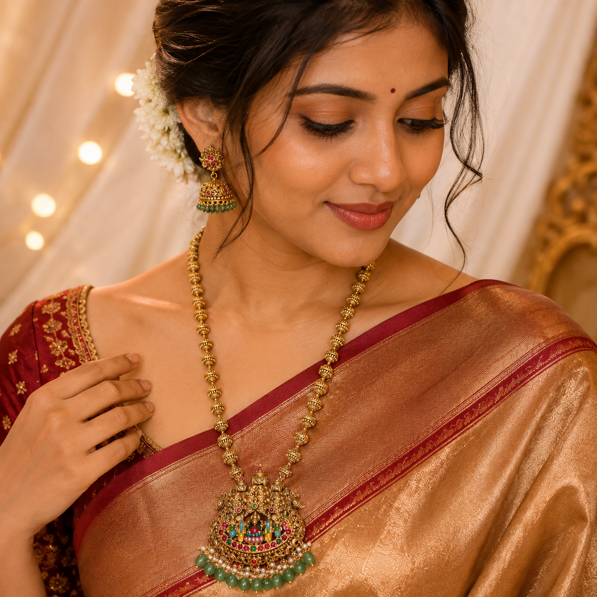 Lakshmi Vaibhav Enamel Muthu Mala With Pastel Green Beads