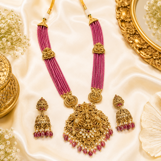 3D Gajalakshmi Onion Pink beads Mala with Kundan Stones