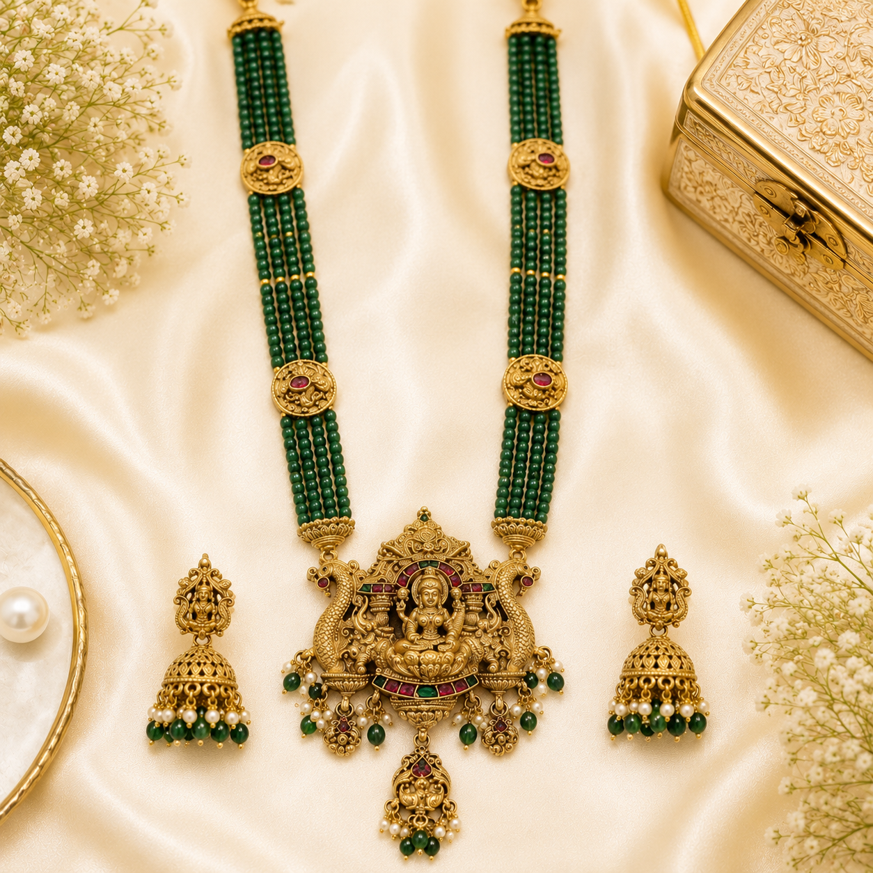 Matte finish Green Beads Peacock & Lakshmi Pendant Haram