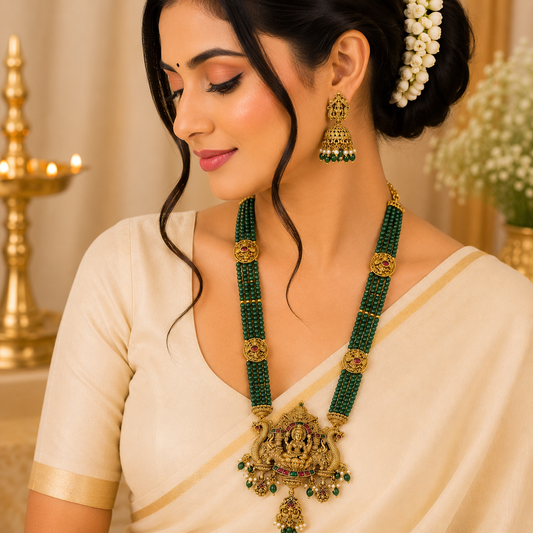Matte finish Green Beads Peacock & Lakshmi Pendant Haram