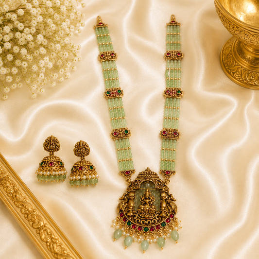 Pastel Green Beads Lakshmi & Peacock Haram