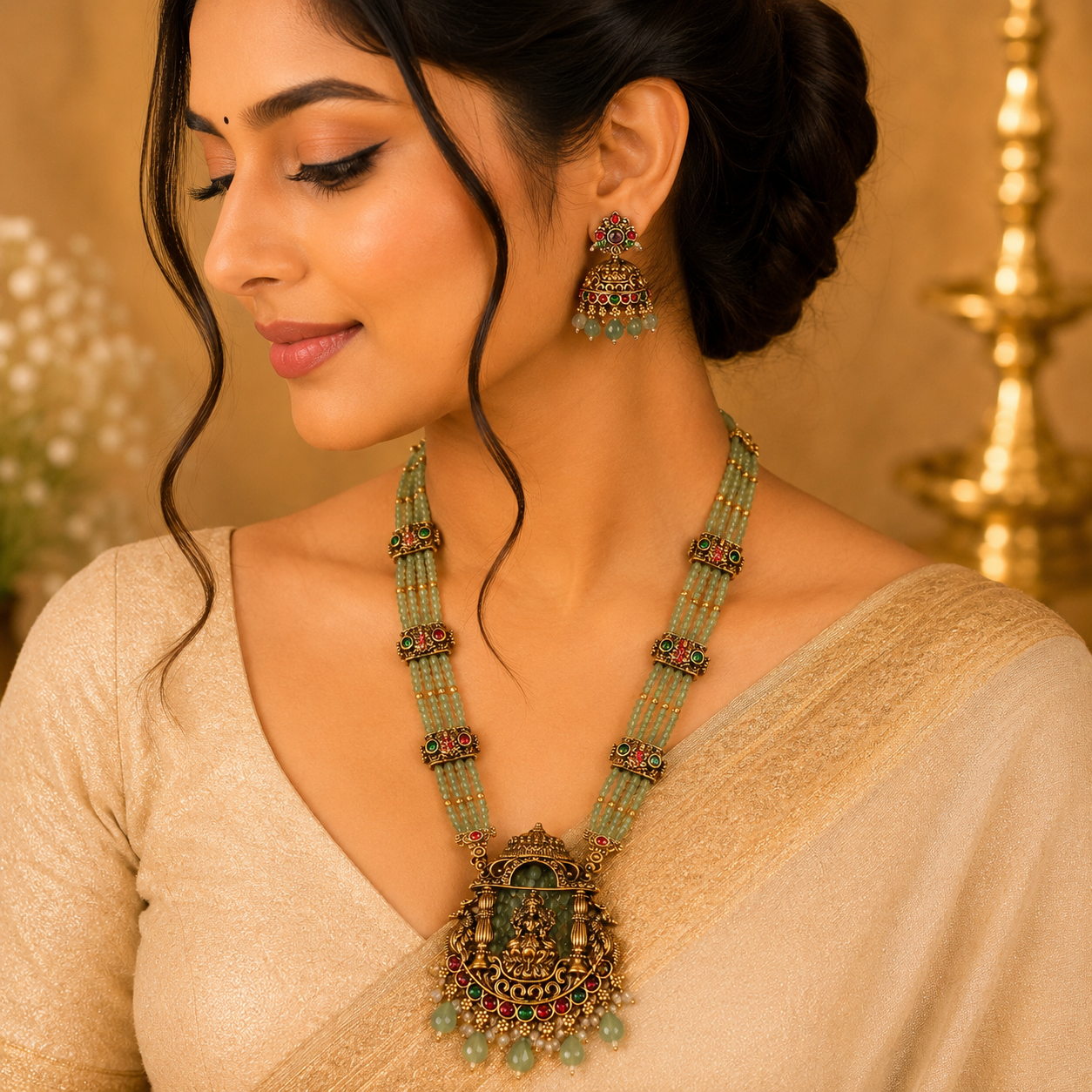 Pastel Green Beads Lakshmi & Peacock Haram