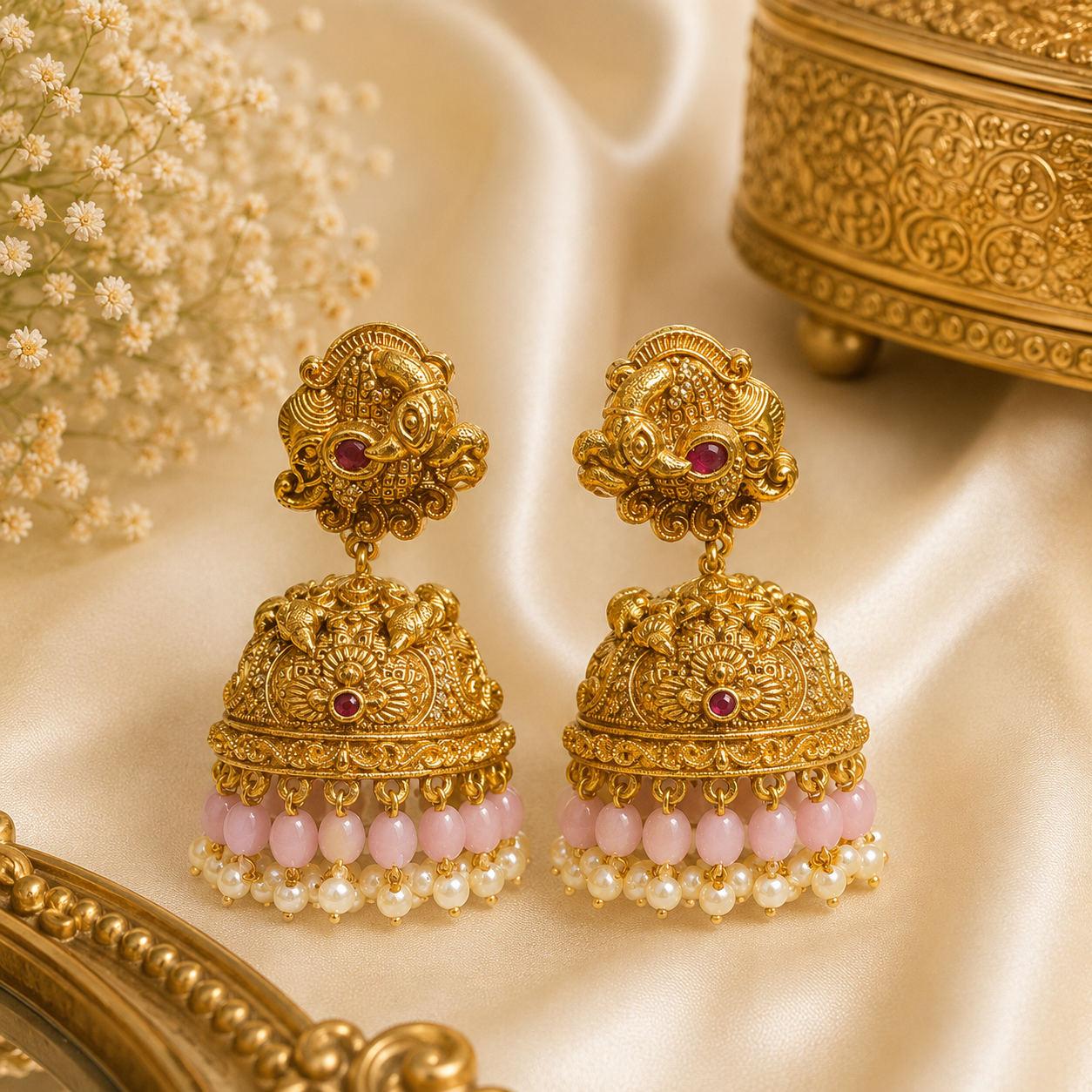 3D Pastel Pink Beads Peacock Jumka
