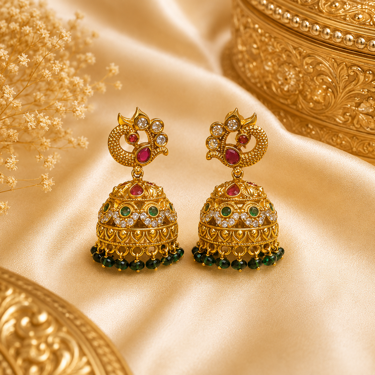 Peacock Traditional Green Beads Jumka