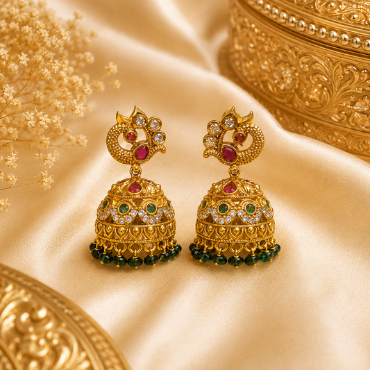 Peacock Traditional Green Beads Jumka