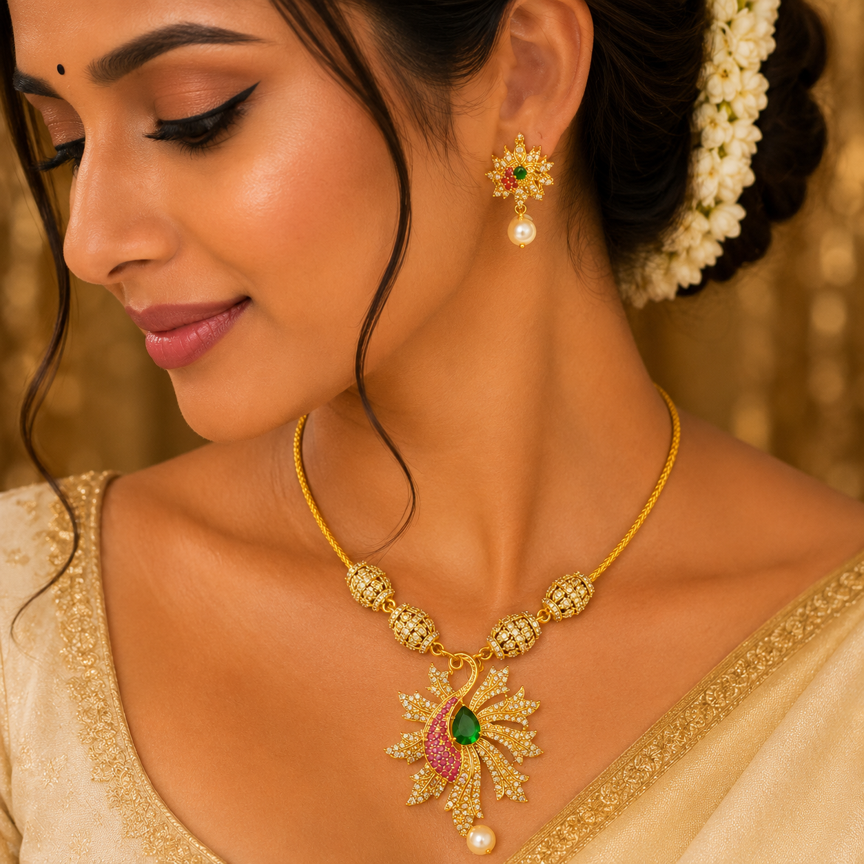 Peacock white stone necklace