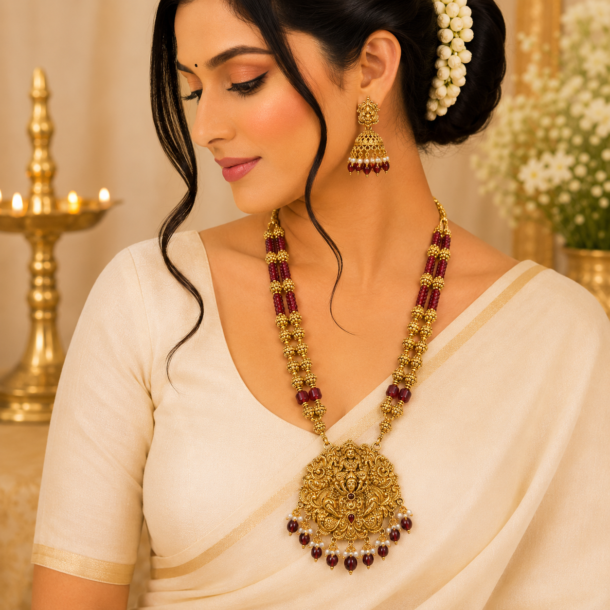 Red Beads Gajalakshmi Muthu Mala