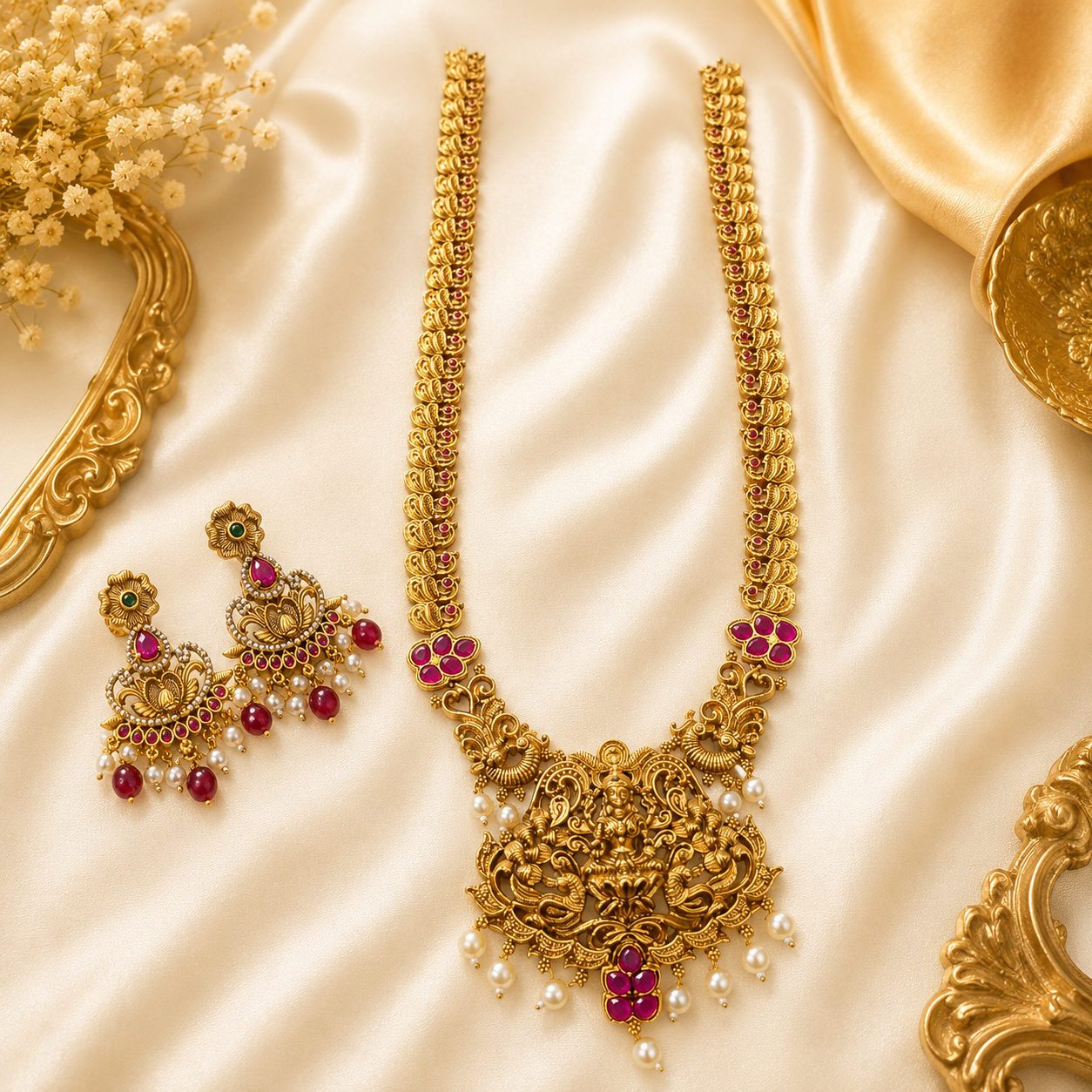 Ruby peacock with Lakshmi neckpeice