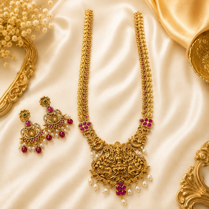 Ruby peacock with Lakshmi neckpeice