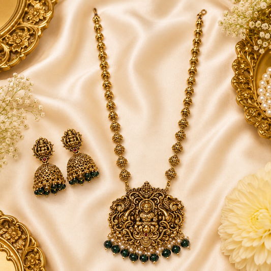 Trendy 3D Lakshmi Muthu mala with green beads