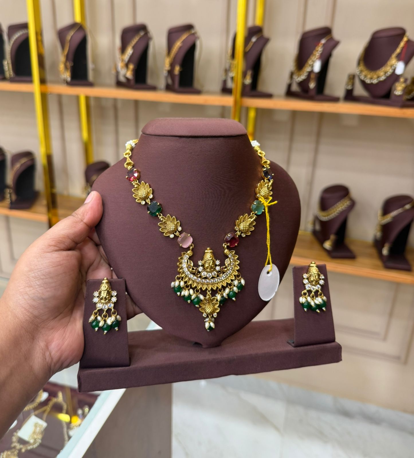 Traditional Gold Necklace Set with Earrings – Temple Jewelry Design