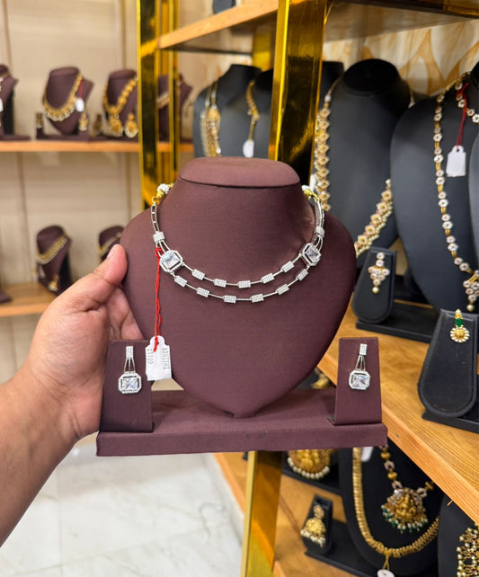 Elegant Silver Diamond Necklace Set with Earrings – Modern Jewelry Design