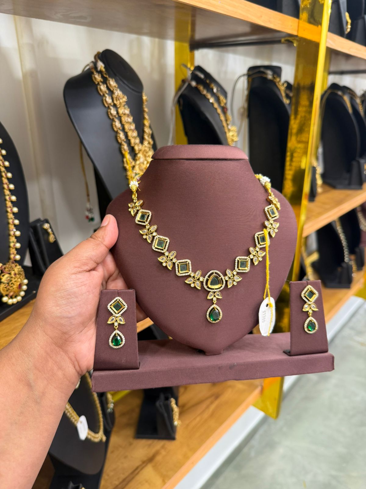 Elegant Green Stone Gold-Plated Necklace & Earring Set