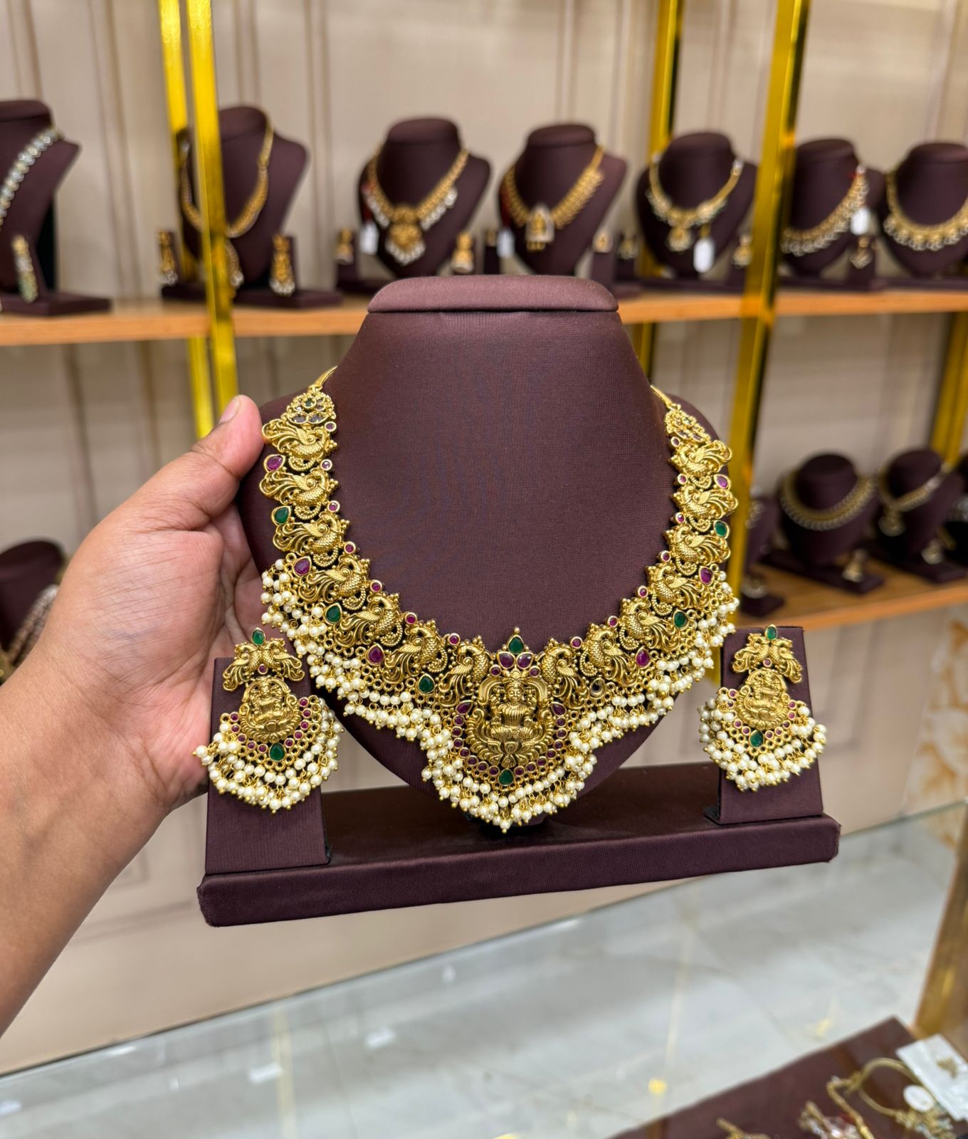 Grand Temple Bridal Necklace with Pearls & Goddess Motif Earrings