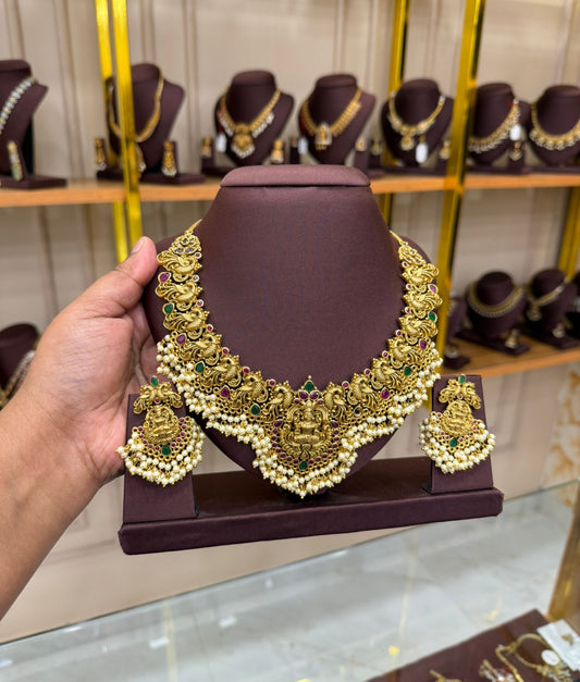 Grand Temple Bridal Necklace with Pearls & Goddess Motif Earrings