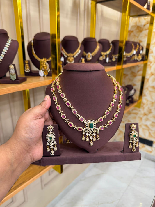 Emerald & Ruby Double Layer Necklace with Chandbali Earrings