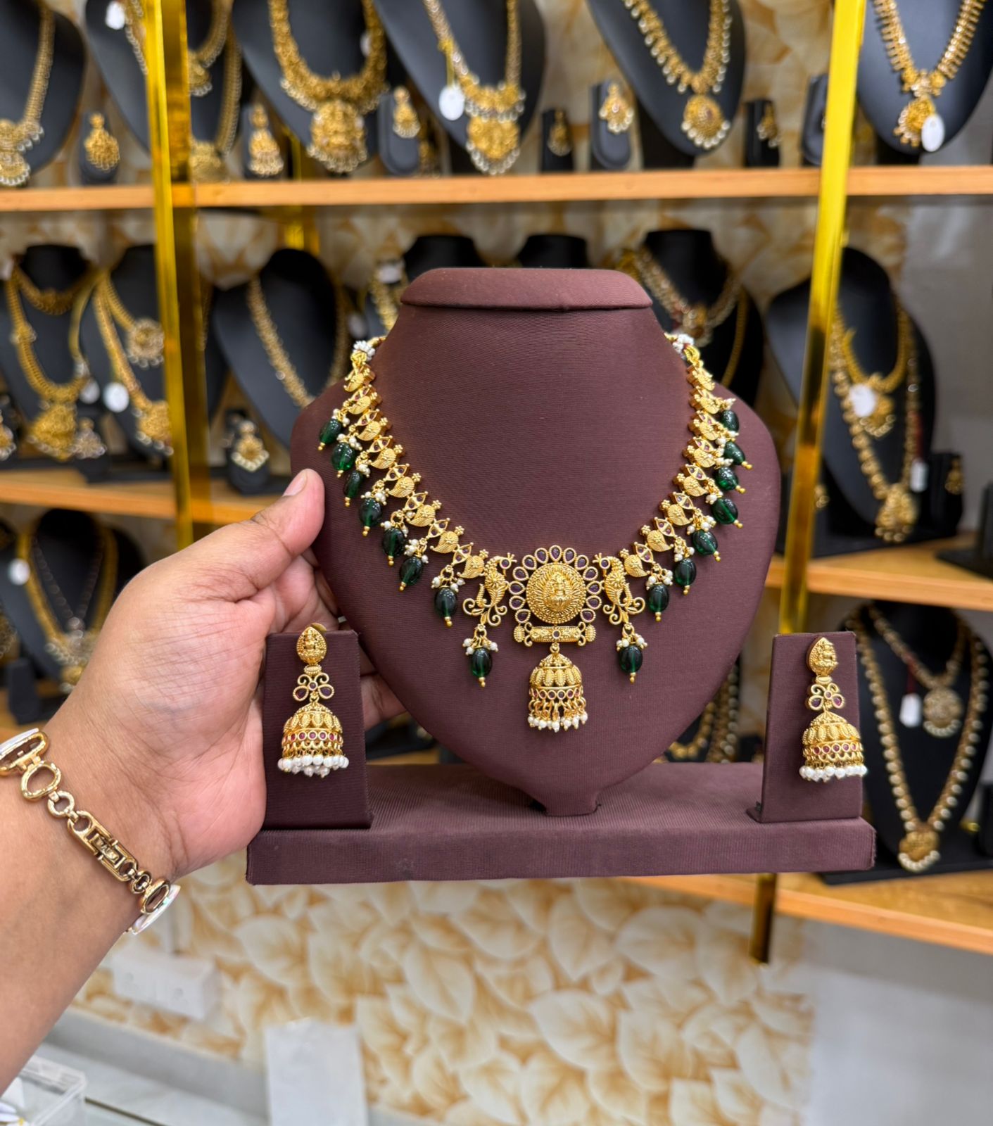 Green beads Lakshmi jumka necklace