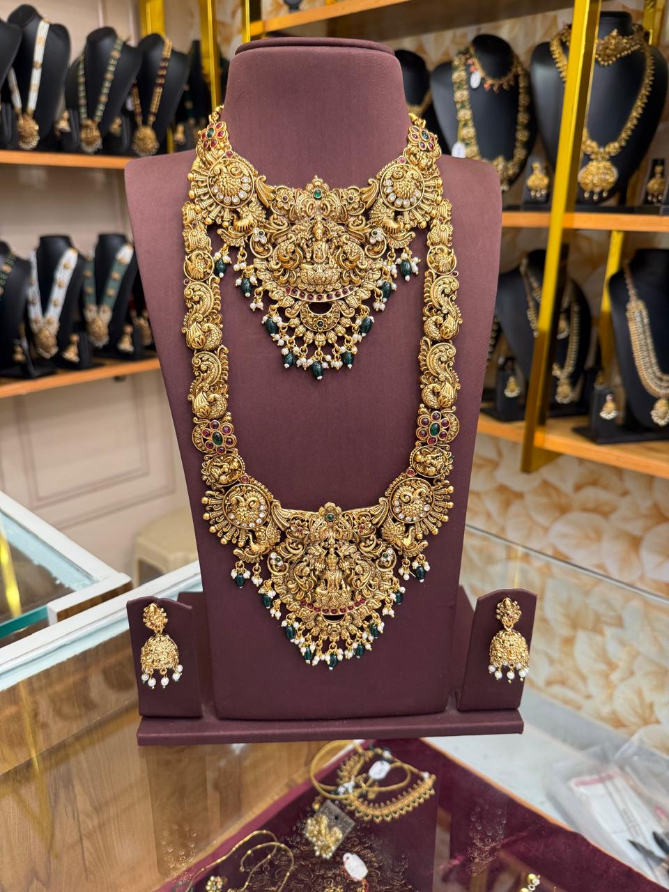 Lakshmi & Peacock Bridal Combo Set With Green Beads