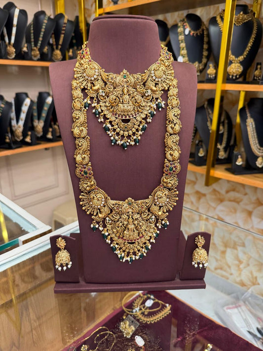 Lakshmi & Peacock Bridal Combo Set With Green Beads