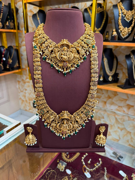 3D Peacock & Lakshmi bridal combo set with green beads