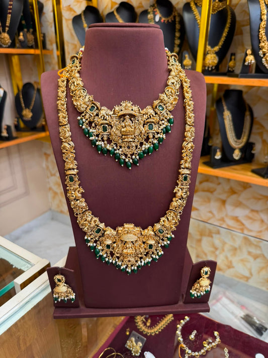 3D Lakshmi emerald stone bridal combo set with green beads